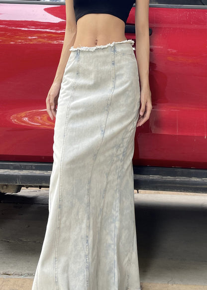 European and American Style Light Blue Denim Maxi Skirts Spring