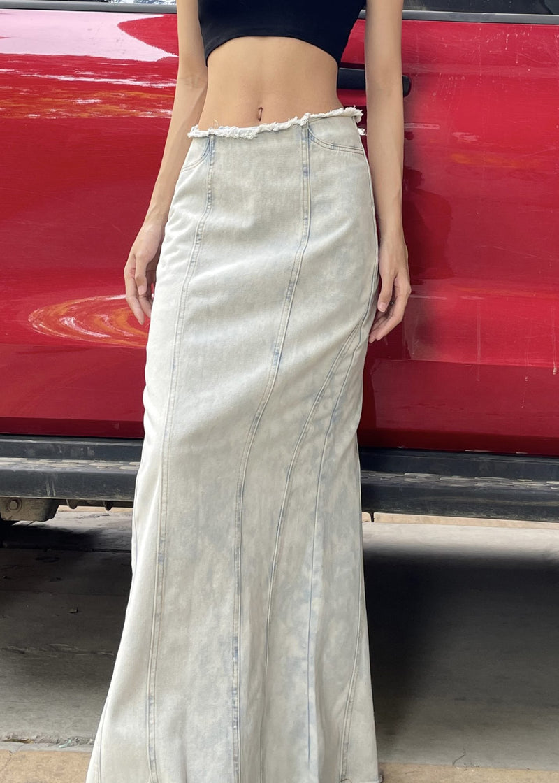 European and American Style Light Blue Denim Maxi Skirts Spring
