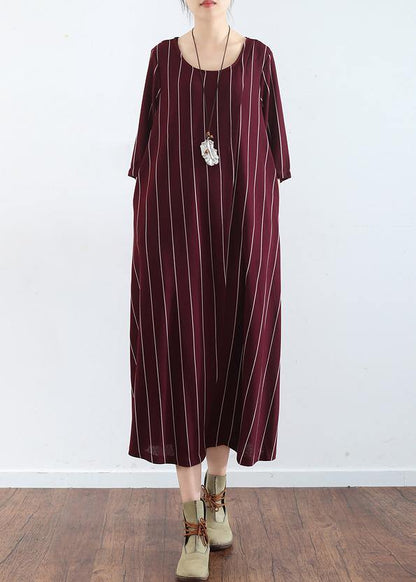 100% Burgundy Cotton Clothes for Catwalk Striped Dresses Summer Dresses