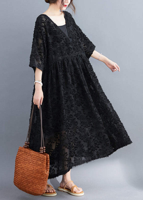 Black V Neck Embroidered Dress Two Pieces Set Half Sleeve