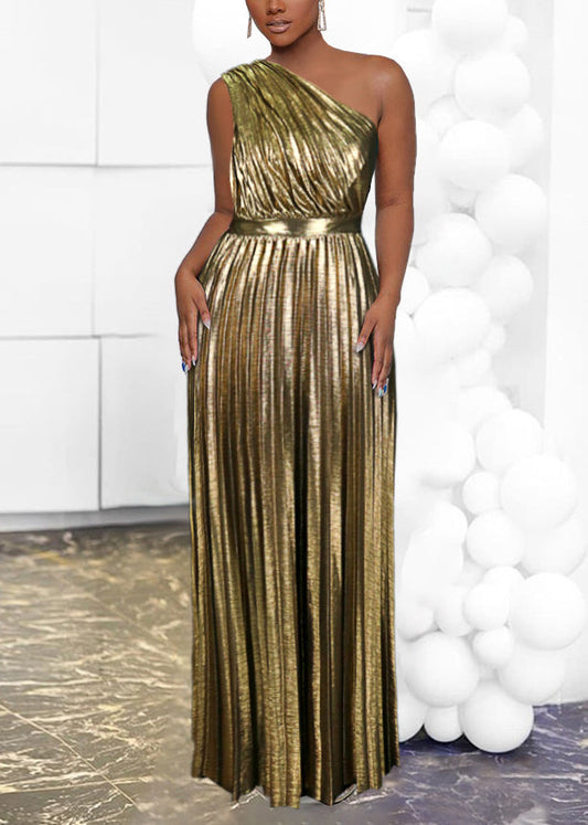Brown One Shoulder Cinched Pleated Party Dress Summer