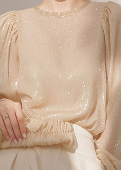 French Apricot O Neck Sequins Shirt Tops Spring