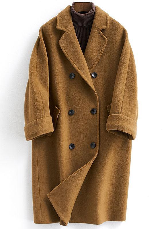 Long Double Breast Coats Brown Notched Woolen Outwear