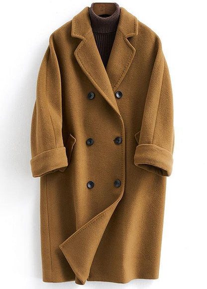 Long Double Breast Coats Brown Notched Woolen Outwear
