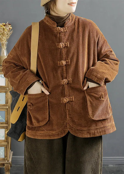 Brown Chinese Button Pockets Corduroy Coats Spring
