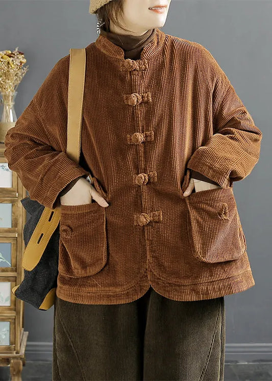 Brown Chinese Button Pockets Corduroy Coats Spring