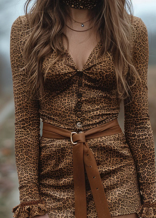 Leopard V Neck Ruffled Cotton Mini Dress Spring