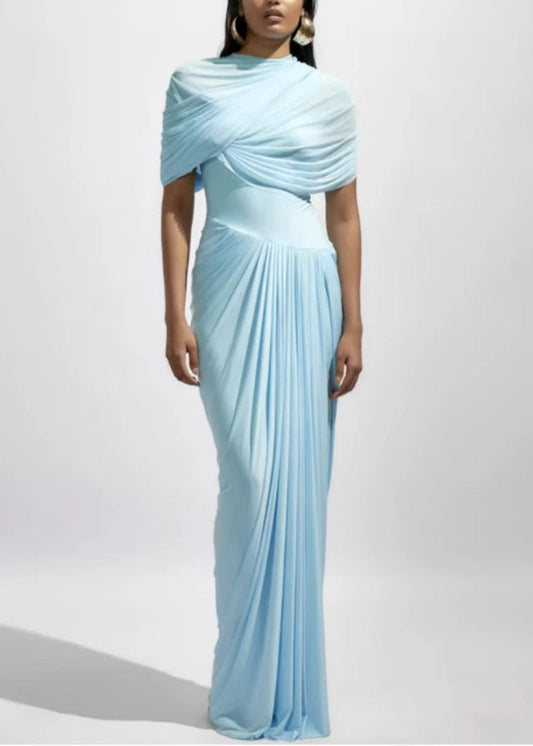 Slim Fit Light Blue Wrinkled High Waist Cotton Maxi Dresses Summer