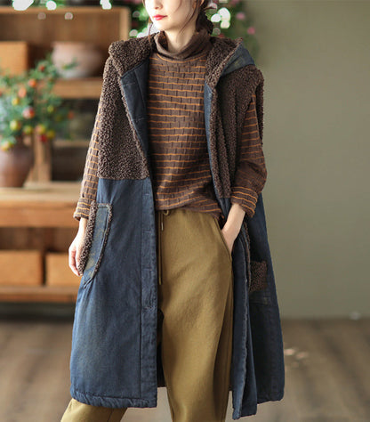 Lamb Wool Panel Denim Mid-length Vest Jacket