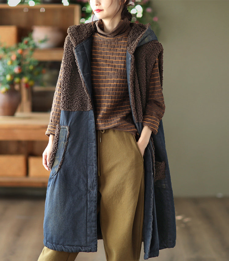 Lamb Wool Panel Denim Mid-length Vest Jacket