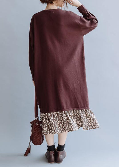 O Neck Asymmetric False Two Pieces Fall Clothes for Outfits Brown Loose Dress