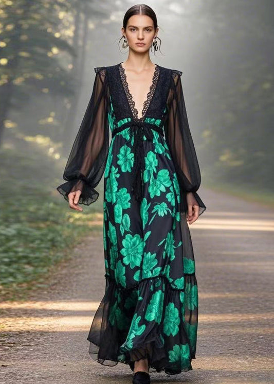 Black V Neck Print Chiffon Long Dresses Butterfly Sleeve