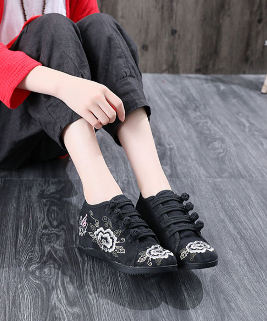 Black Cotton Fabric High Wedge Heels Shoes Embroideried Buckle Strap Flat Shoes for