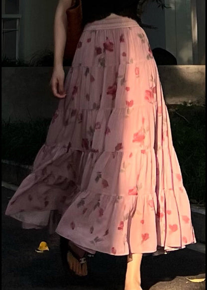 Pink Wrinkled Print Elastic Waist Chiffon Skirts Spring