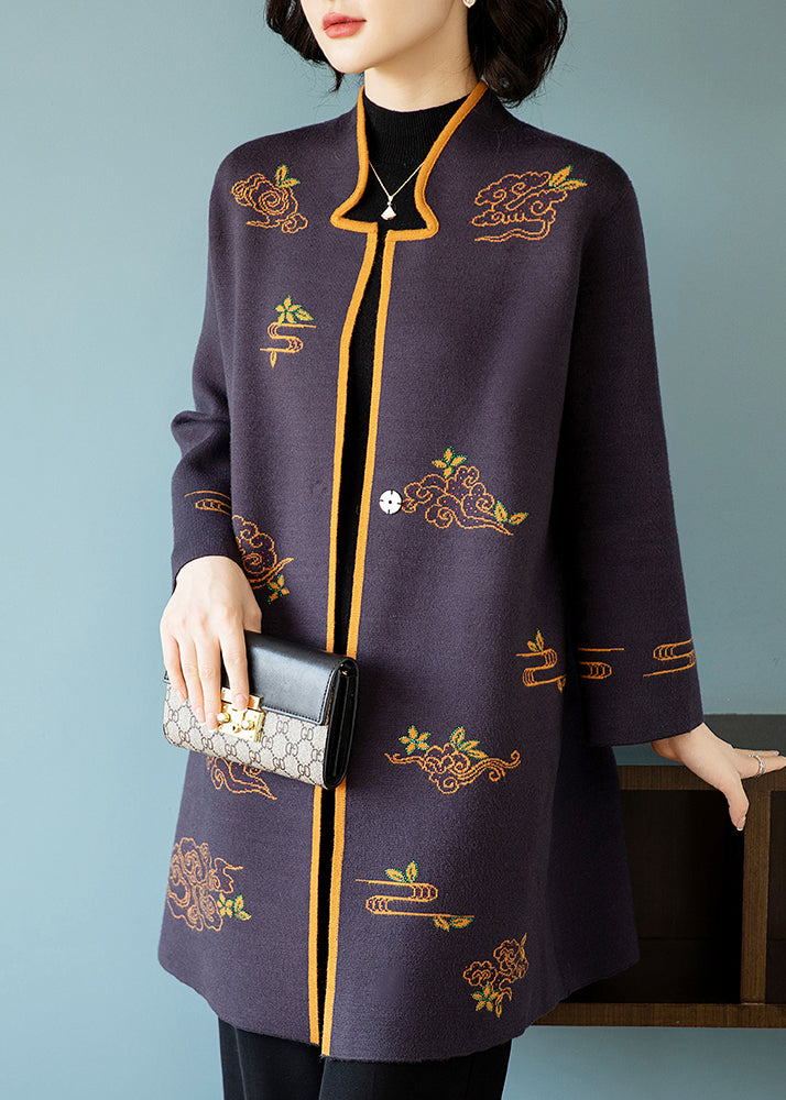 Dark Purple Stand Collar Embroideried Patchwork Wool Coats Fall