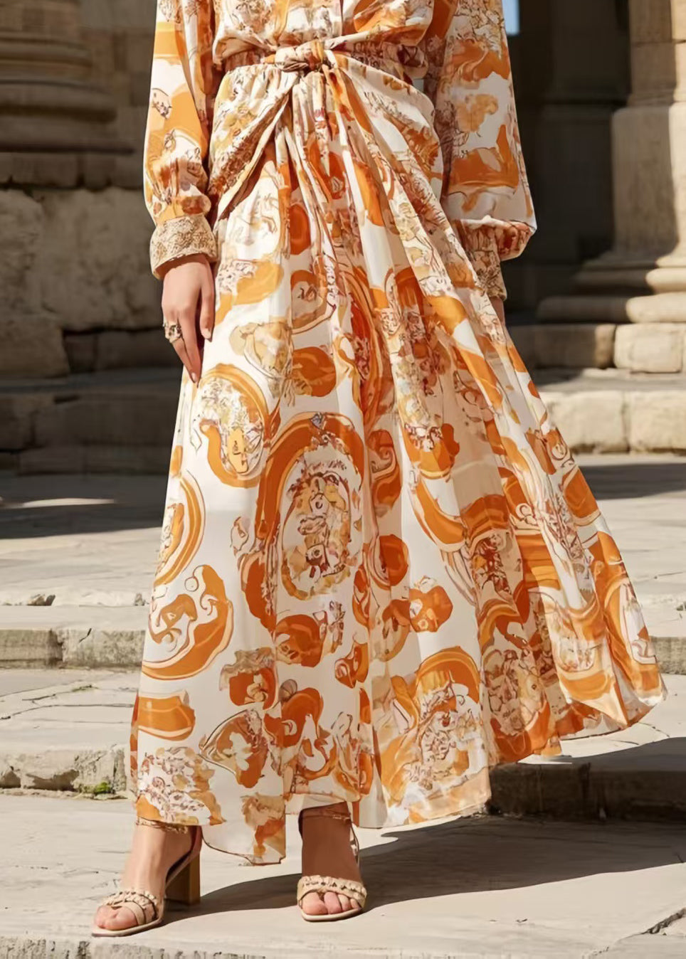 Orange Cinched Print Chiffon Shirt Dress Spring