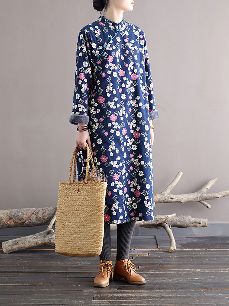 Winter Chinese Style Print Frog Thick Dress