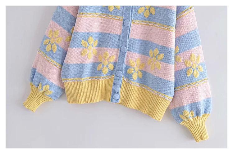 Sweet Flower Printed Jacquard Knitted Coat Cardigan 7302