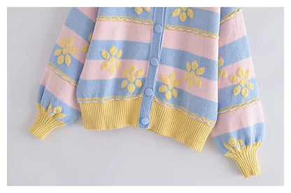 Sweet Flower Printed Jacquard Knitted Coat Cardigan 7302