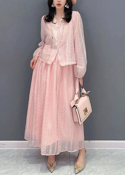 Italian Pink Embroideried Patchwork Tops and Skirts Chiffon Two Pieces Set Summer