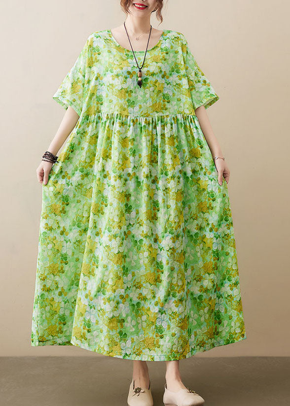 Green O-neck Wrinkled Patchwork Cotton Long Dress Short Sleeve
