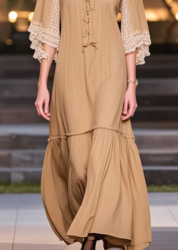 Khaki V Neck Patchwork Lace Cotton Robe Dress Summer