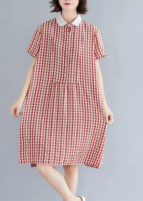 Italian Red Plaid Cotton Tunics Peter Pan Collar Knee Summer Dress