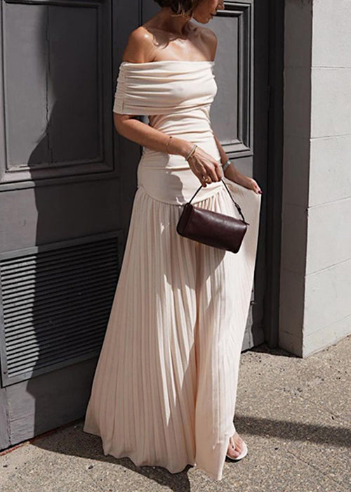 Apricot Slash Neck Wrinkled Long Dress Summer