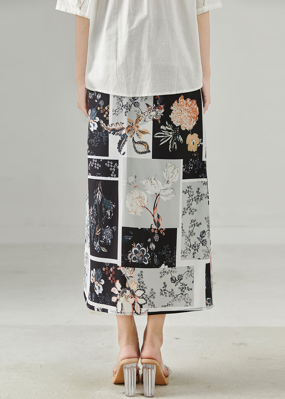 Black Print Side Open Chiffon Skirts Summer