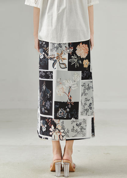 Black Print Side Open Chiffon Skirts Summer