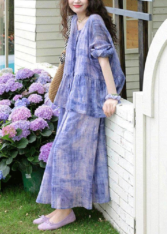 Purple Tie Dye Cardigans and Spaghetti Strap Dress Two Pieces Set Spring