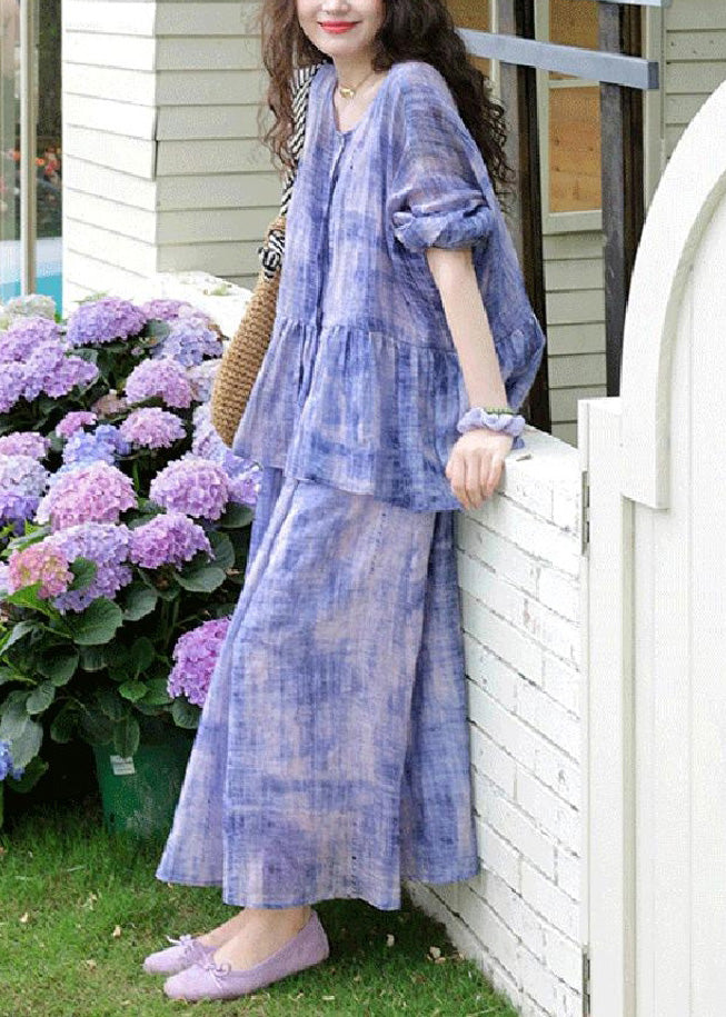 Purple Tie Dye Cardigans and Spaghetti Strap Dress Two Pieces Set Spring