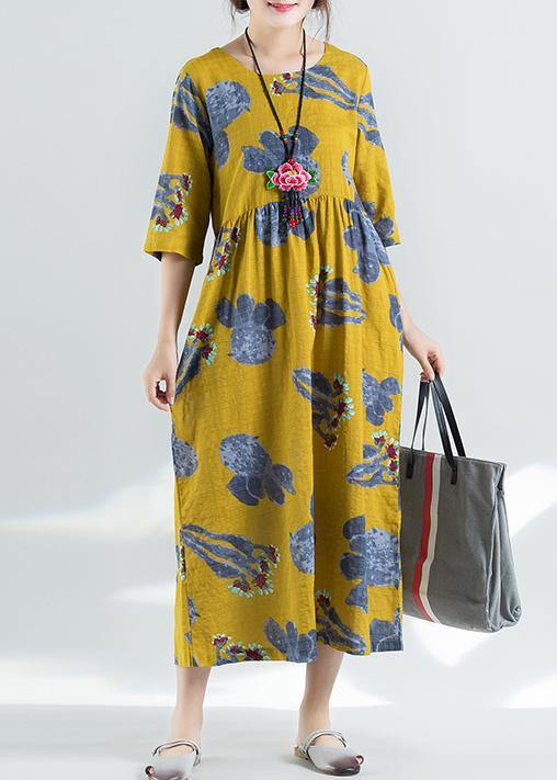 100% Yellow Prints Linen Dress Catwalk High Waist Summer Dresses