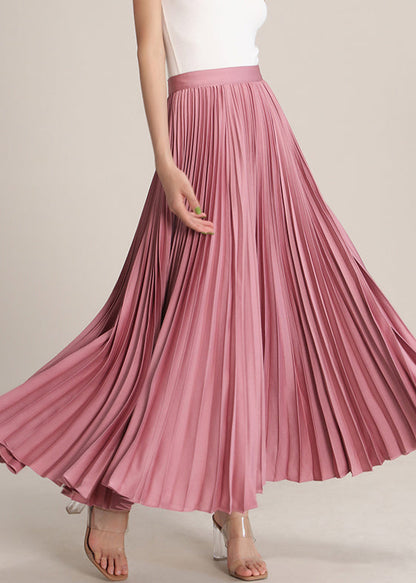 Pink High Waist Silk Pleated Skirt Zippered