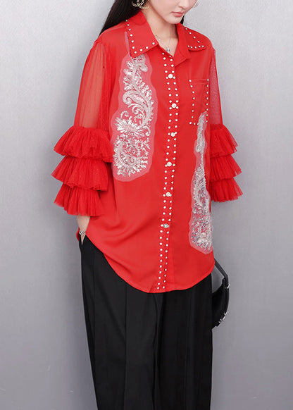 Red Embroidered Chiffon Top Flare Sleeve