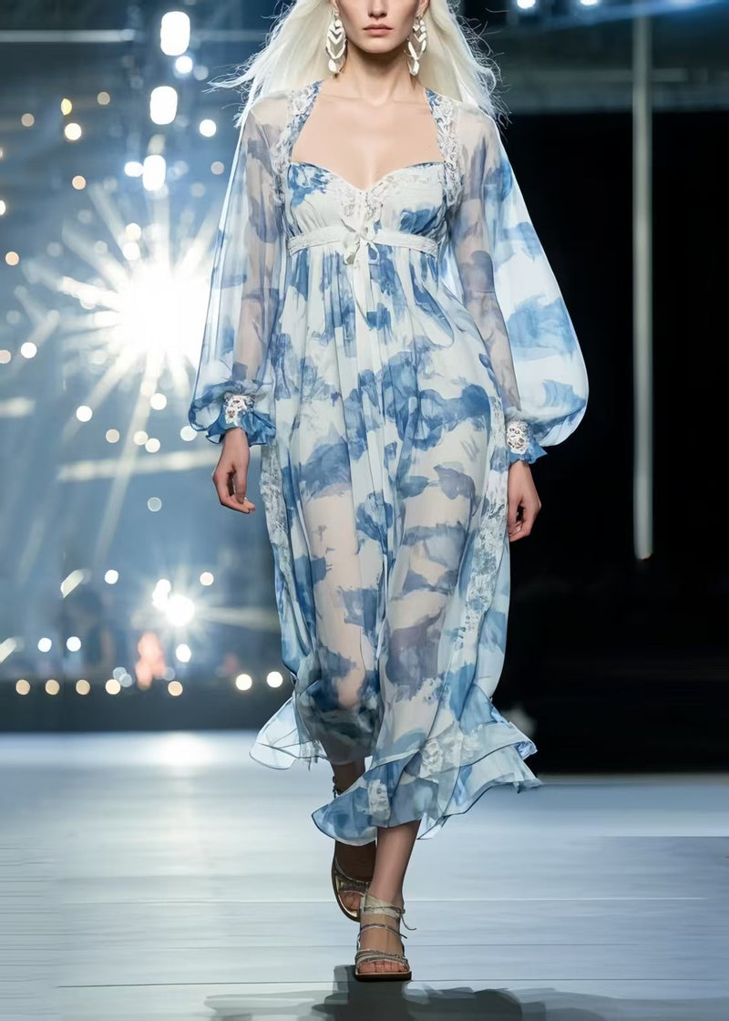 Sky Blue Print Draping Chiffon Vacation Dresses Summer
