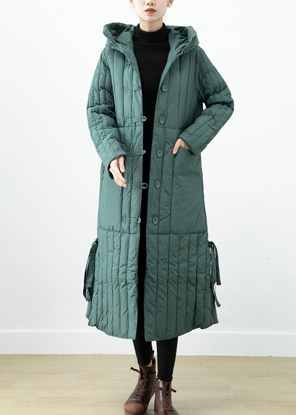 Green Hooded Pockets Fine Cotton Filled Long Coat Winter