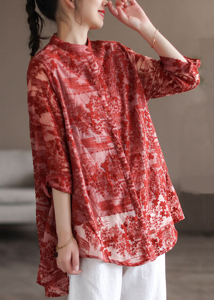 Stylish White Stand Collar Embroidered Patchwork Lace Shirt Tops Long Sleeve