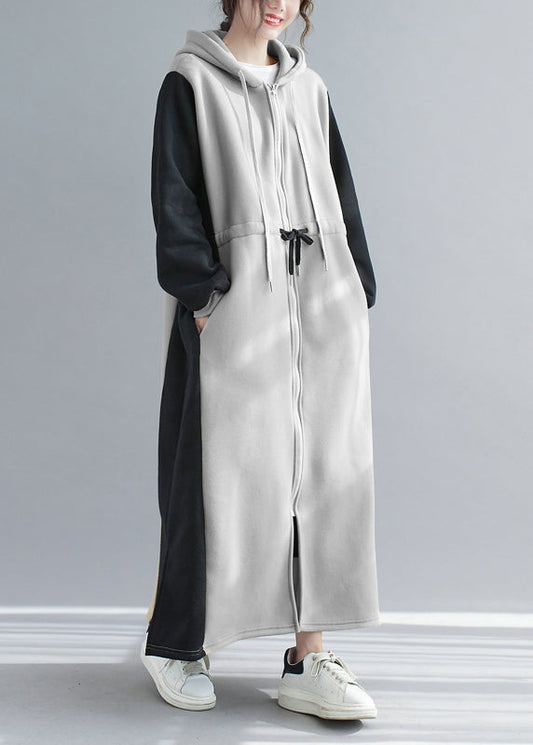 Grey Hooded Drawstring Patchwork Warm Fleece Dress Spring