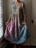 Women's Vintage Floral Texture Art Print Pocket Cotton Dress
