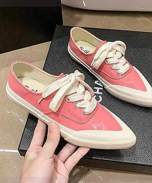 Pink Faux Leather Flat Shoes for Lace Up Splicing Pointed Toe