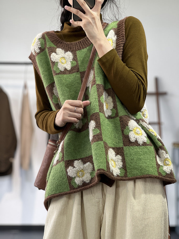 Contrast Jacquard Knit Pullover Knit Vest