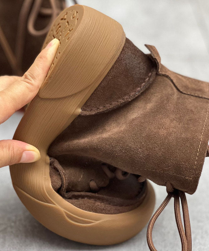 Coffee Cowhide Leather Boots Zippered Lace Up Mountaineering Boots