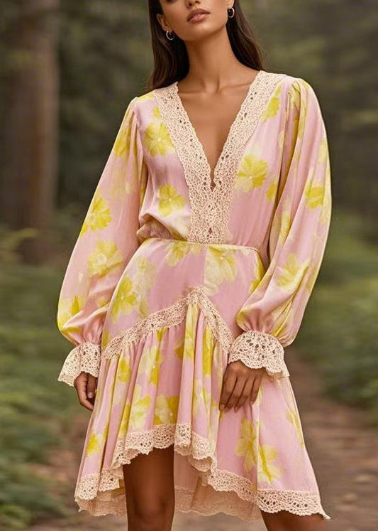 Pink V Neck Lace Wrinkled Patchwork Chiffon Mid Dress Spring