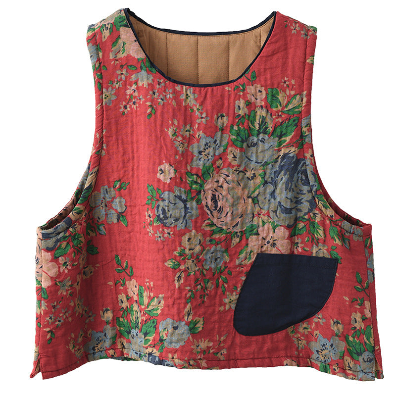-print Cotton and Linen Quilted Vest