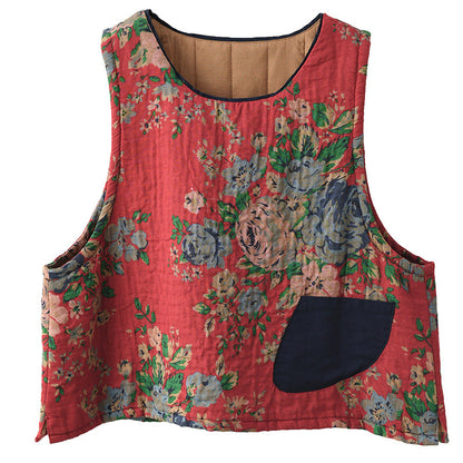 -print Cotton and Linen Quilted Vest