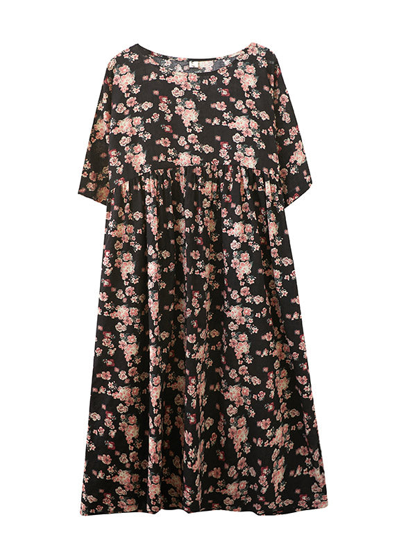Black O-neck Print Pockets Extra Large Hem Long Dress Summer