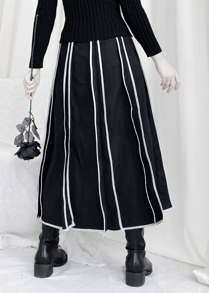 Black Striped Patchwork Elastic Waist a Line Skirt Fall