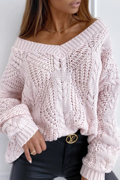 Plain V-neck Hollow Out Sweater