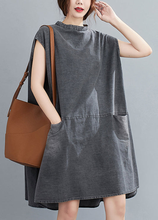 French Grey Stand Collar Pockets Cotton Denim Dress Sleeveless